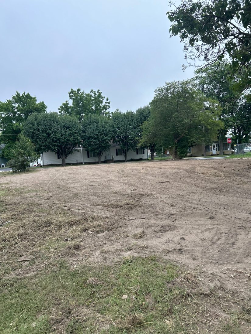 The same lot after demolition, cleared to bare graded soil with the street trees left standing